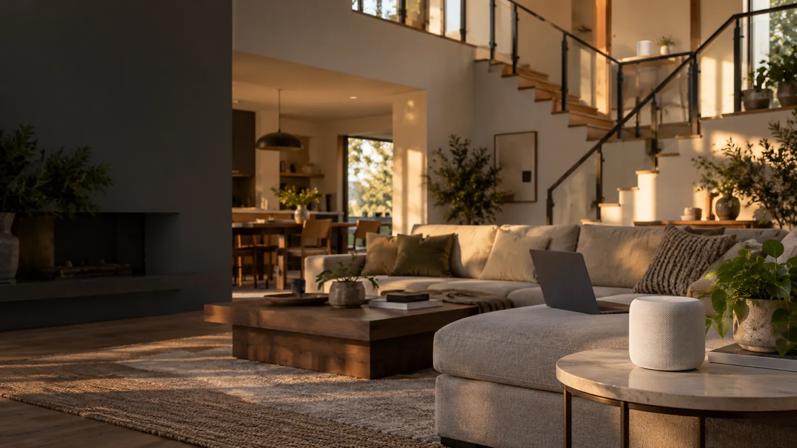 Illustrative home with mesh Wi-Fi nodes downstairs and upstairs